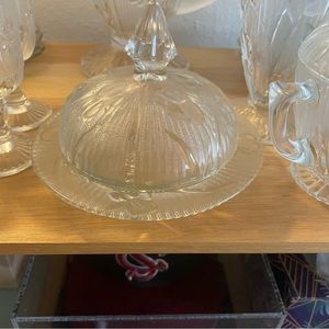 Iris and Herringbone Depression Glass - covered butter dish